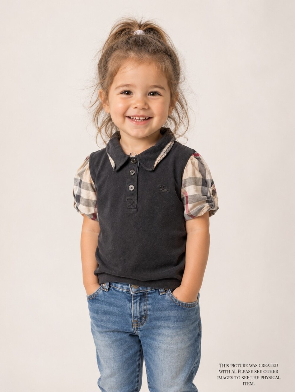 Burberry Kids Black Polo with Plaid Puffed Sleeves | Fits 3T Toddler Girl